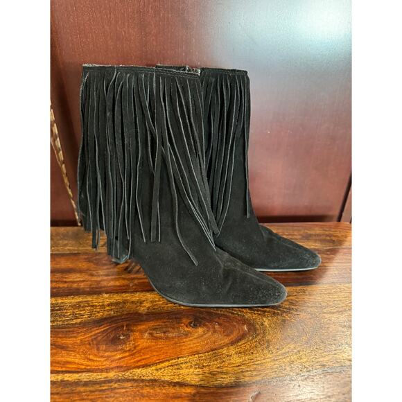 Black Suede Fringe Pointed Toe Heeled Boots Western Boho Indie Glam W Sz 7 - Picture 3 of 7